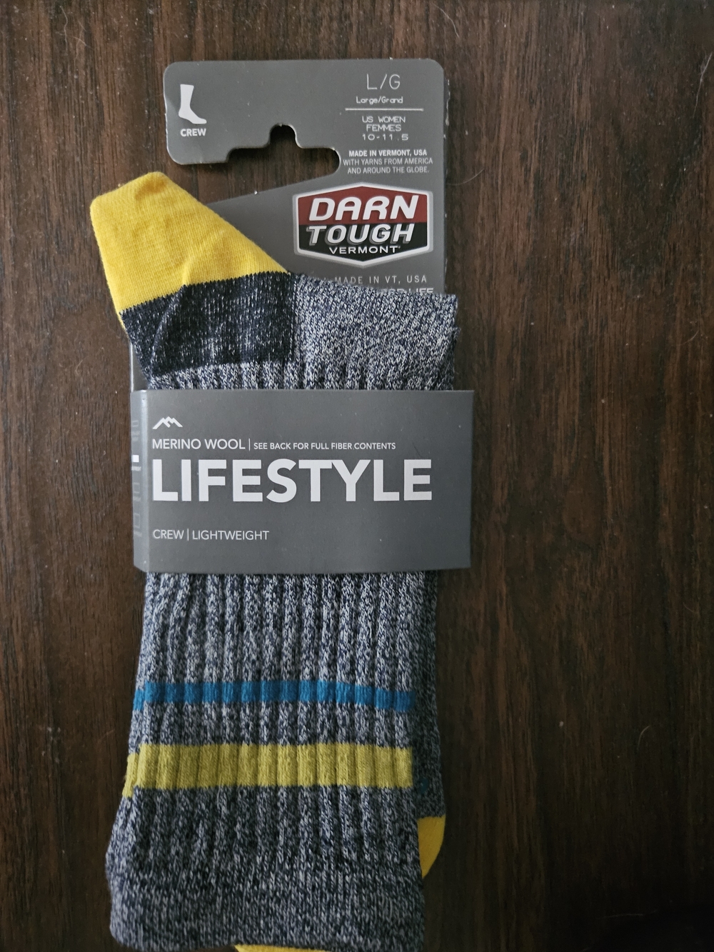 Darn Tough Lifestyle Merino Wool Crew Socks — Gray with Yellow & Teal Stripes